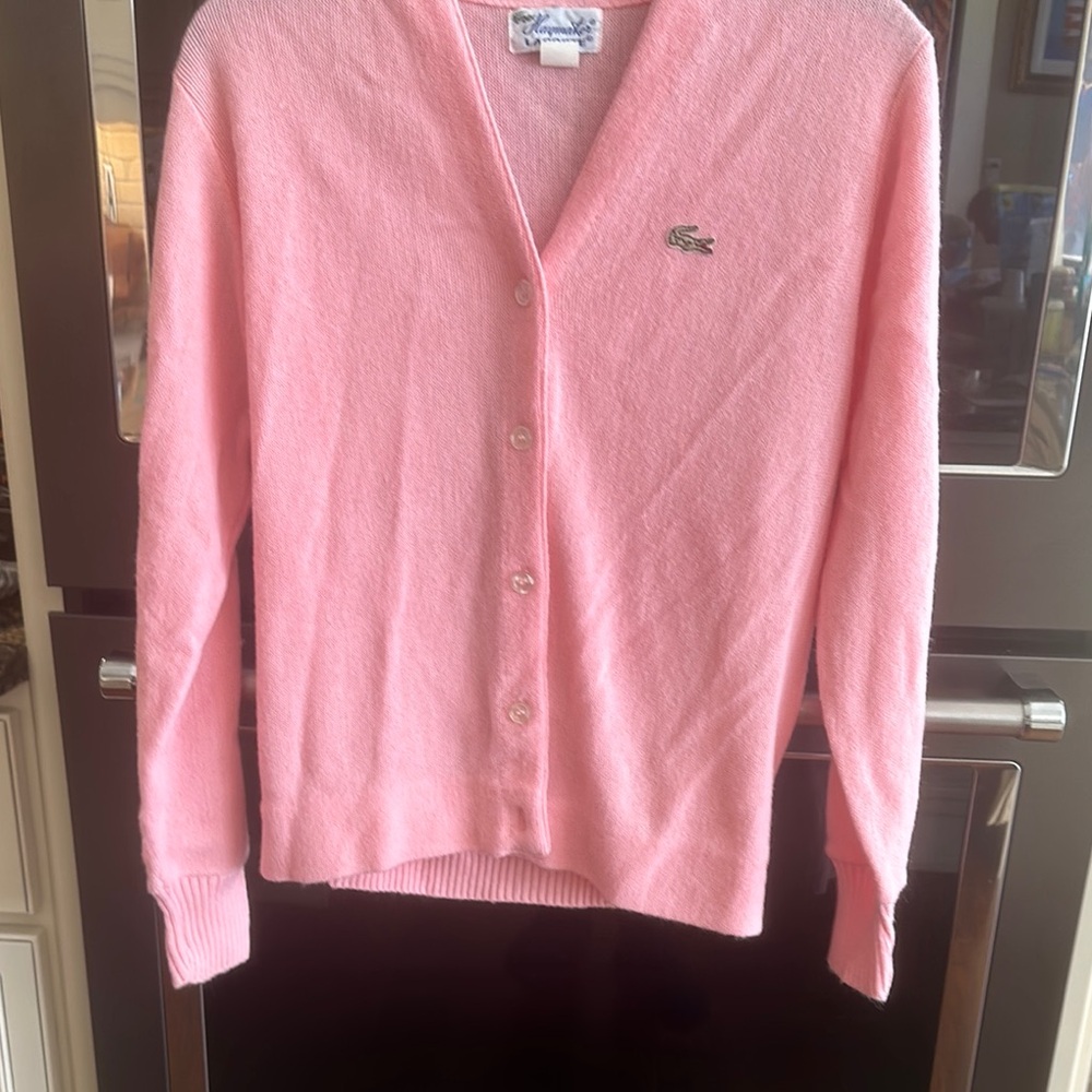 Lacoste Pink Cardigan Sweater V-Neck Fine Knit